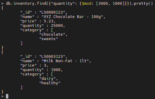 MongoDB $mod operator example.