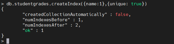 Example of unique index property in MongoDB.